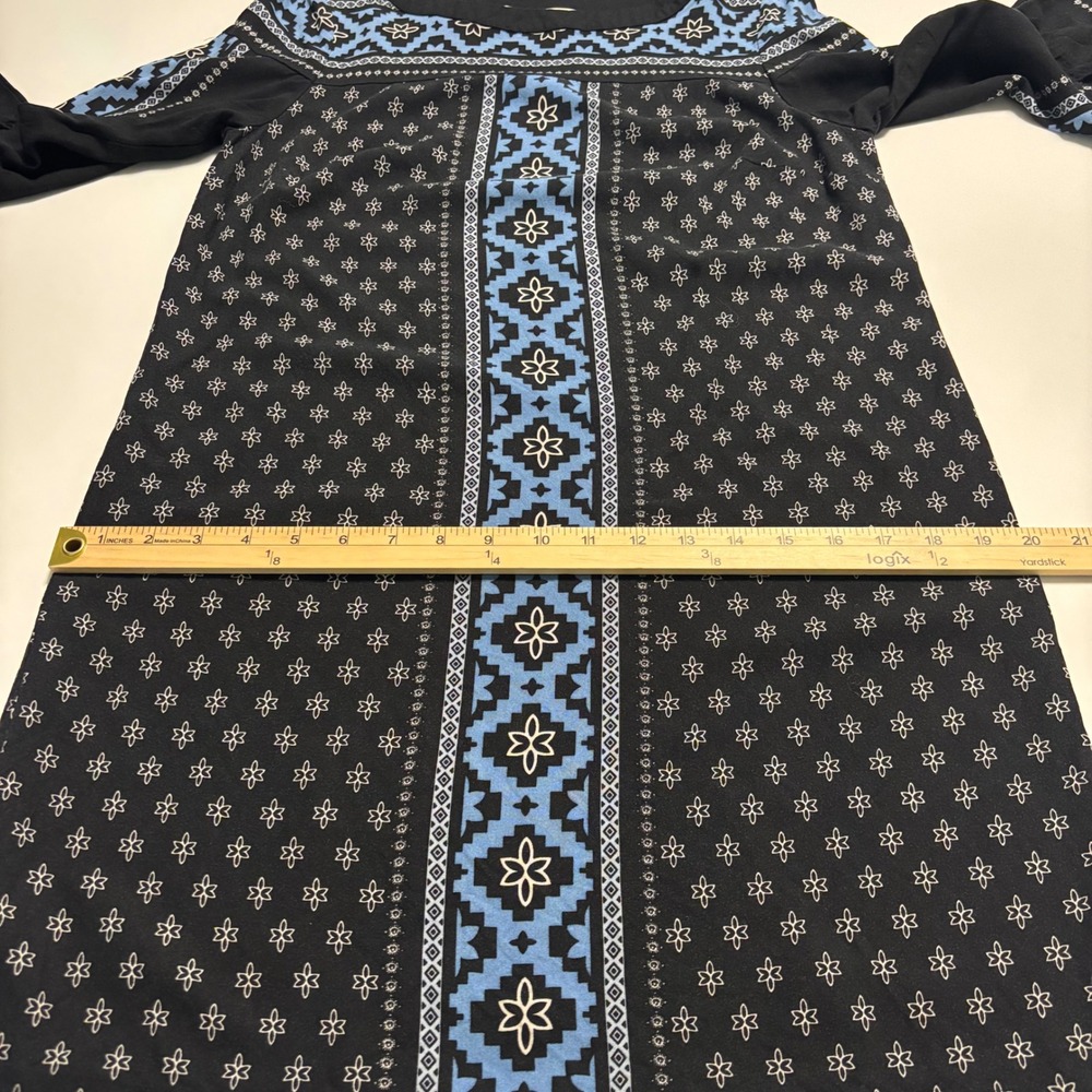 Loft Womens Medium Blue Black Geometric Floral 3/4 Bell Sleeve Boho Shift Dress - Picture 10 of 11